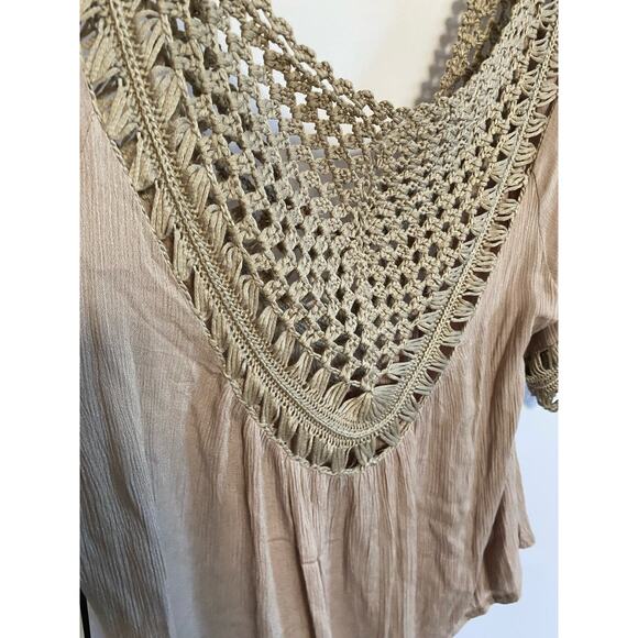 My Emblem Young Contemporary Macrame Crochet Taupe‎ Brown Tunic Blouse M NWT - Picture 6 of 12